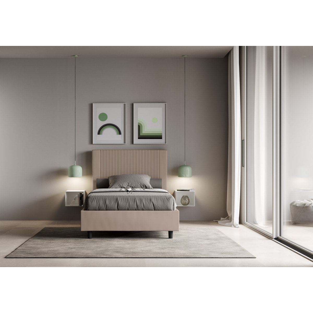 Letto una piazza e mezza contenitore imbottito 120x210 similpelle tortora Goya