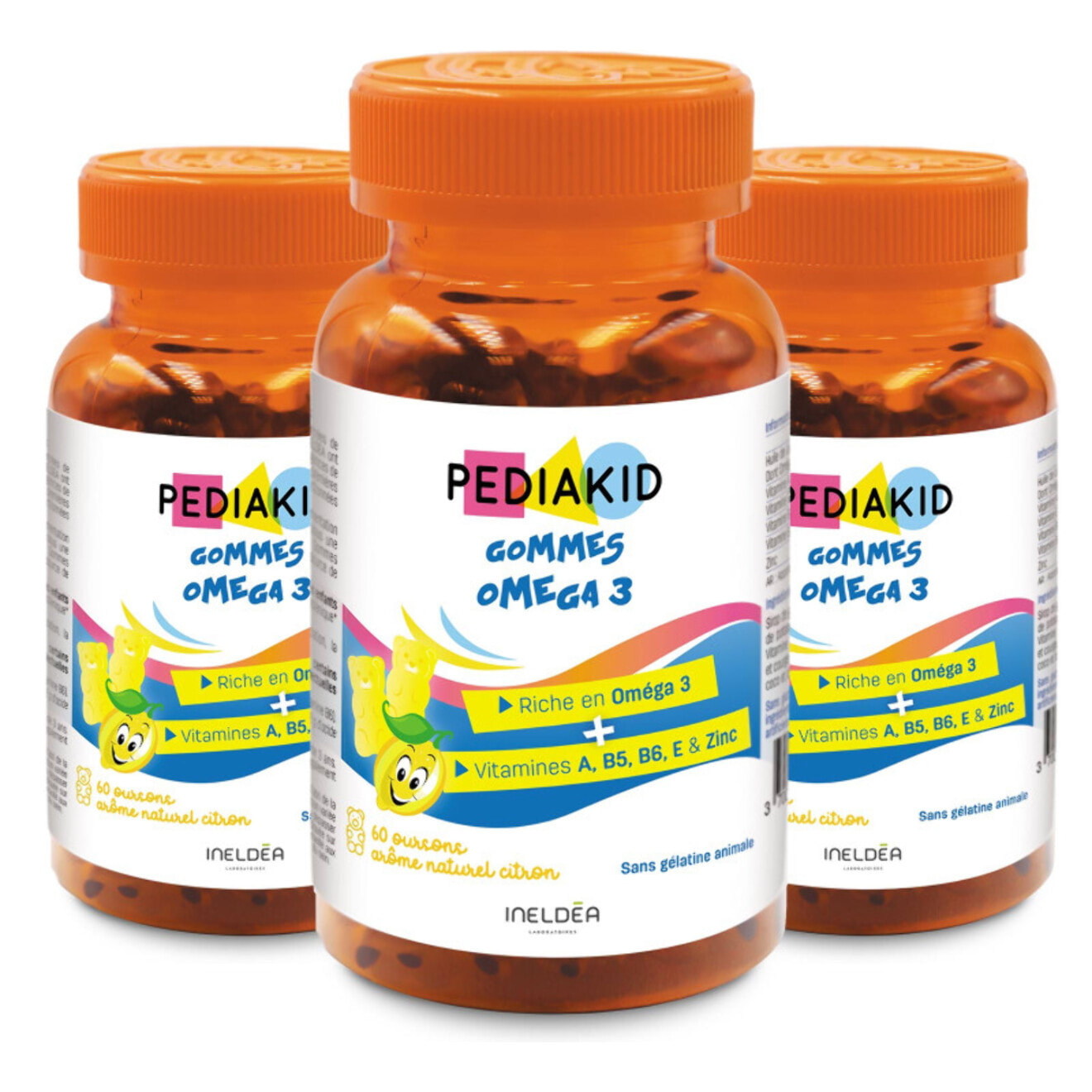 PEDIAKID - Gommes Oméga 3 - Formule Naturelle au Délicieux Arôme de Citron - Soutient les Fonctions Cognitives - Favorise la Croissance et le Développement Cérébral - Lot de 3 piluliers
