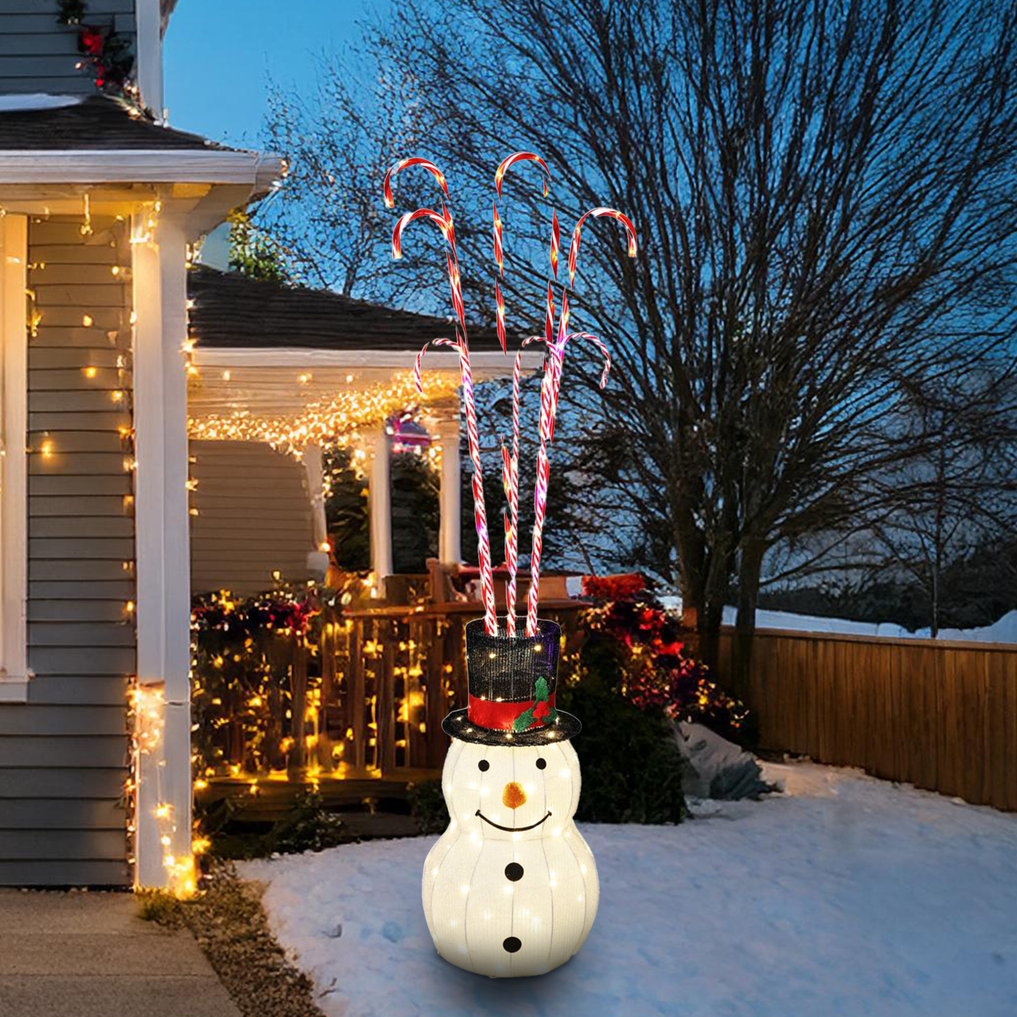 Muñeco de nieve con bastones de caramelo con luces led cálidas y múltiples h.180cm