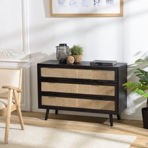 ANGELO - Commode noire 3 tiroirs cannage naturel