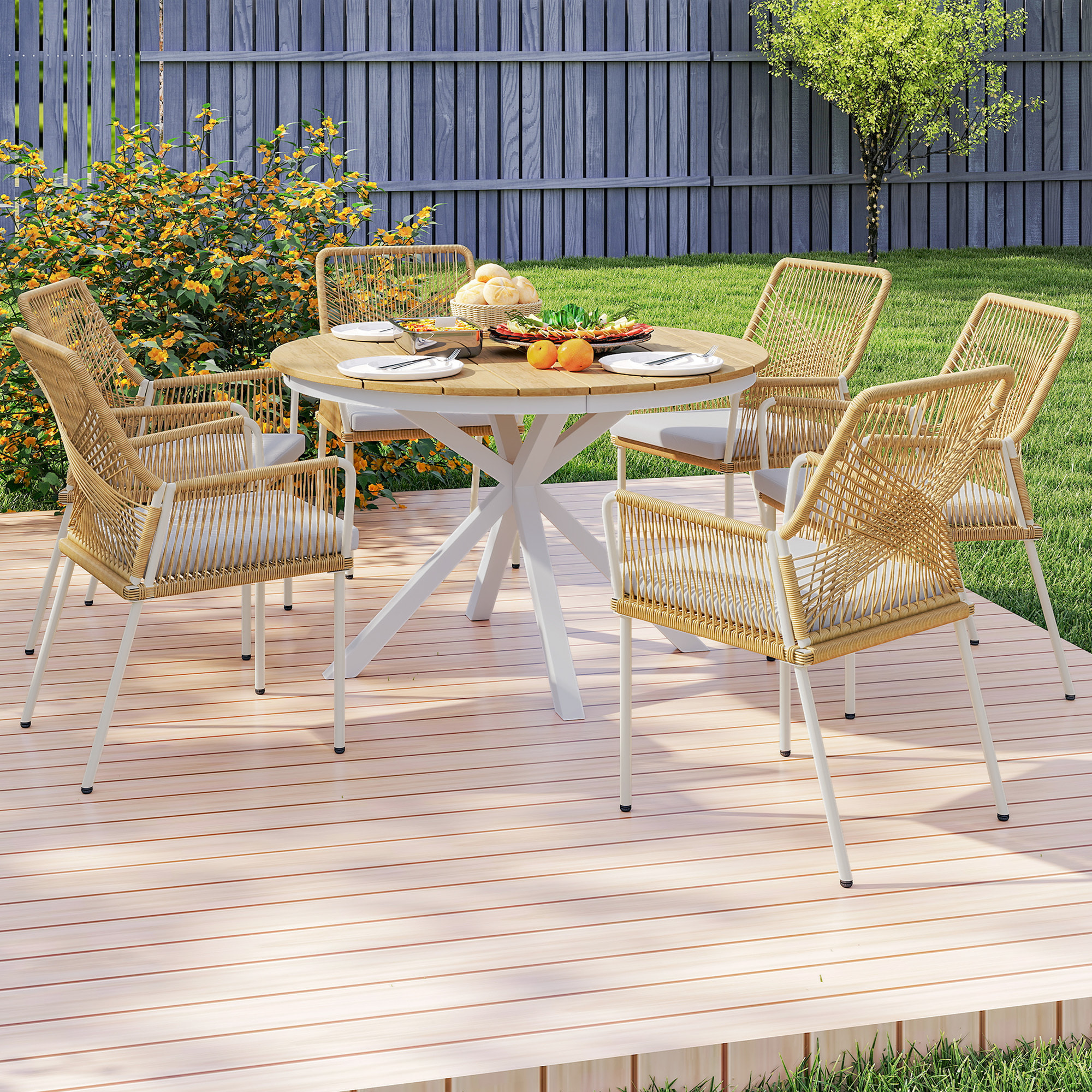 Mesa de Jardín Redonda Mesa de Terraza Exterior Ø118x74 cm con Estructura de Aluminio Patas Cruzadas y Encimera de Listones Carga 70 kg para Patio Balcón Teca