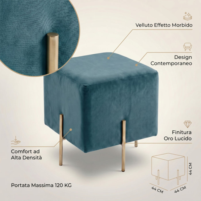 Pouf Quadrato in Velluto con Gambe in Acciaio Dorate, Seduta Imbottita Elegante dallo Stile Contemporaneo per Soggiorno, Camera da Letto e Ingresso