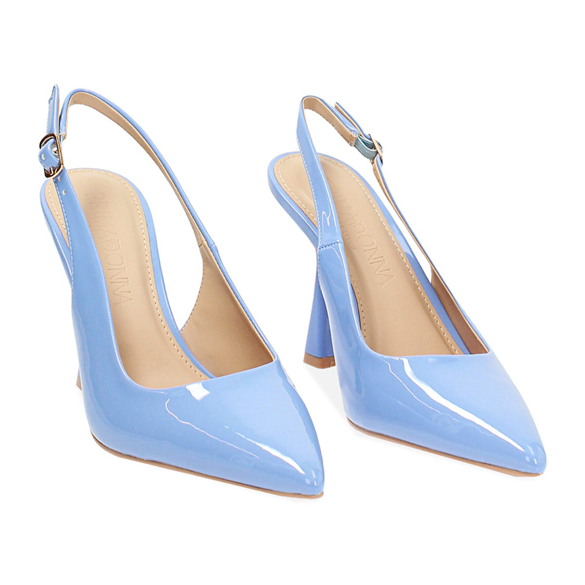 Décolleté slingback donna celesti in vernice, tacco 7,5 cm