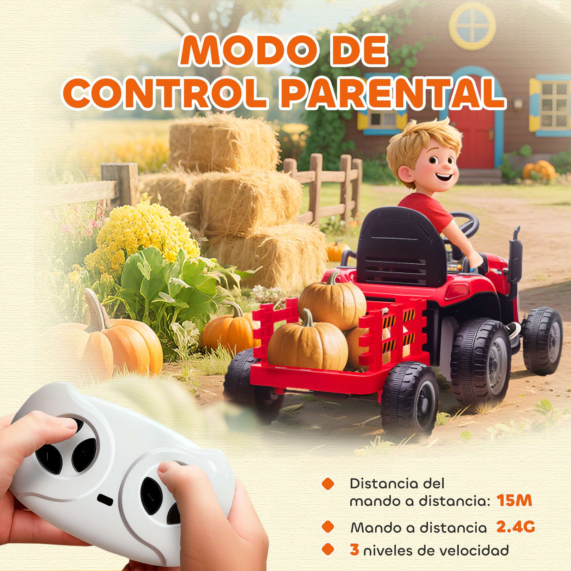 Tractor Eléctrico para Niños con Remolque Desmontable, Tractor de Juguete de Batería 12V, Velocidad 3-5 km/h, Control Remoto 2,4G, Música, Bocina, para Niños de 3-8 Años, Rojo
