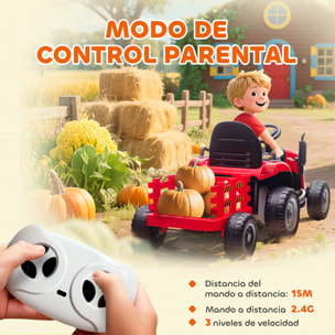 Tractor Eléctrico para Niños con Remolque Desmontable, Tractor de Juguete de Batería 12V, Velocidad 3-5 km/h, Control Remoto 2,4G, Música, Bocina, para Niños de 3-8 Años, Rojo