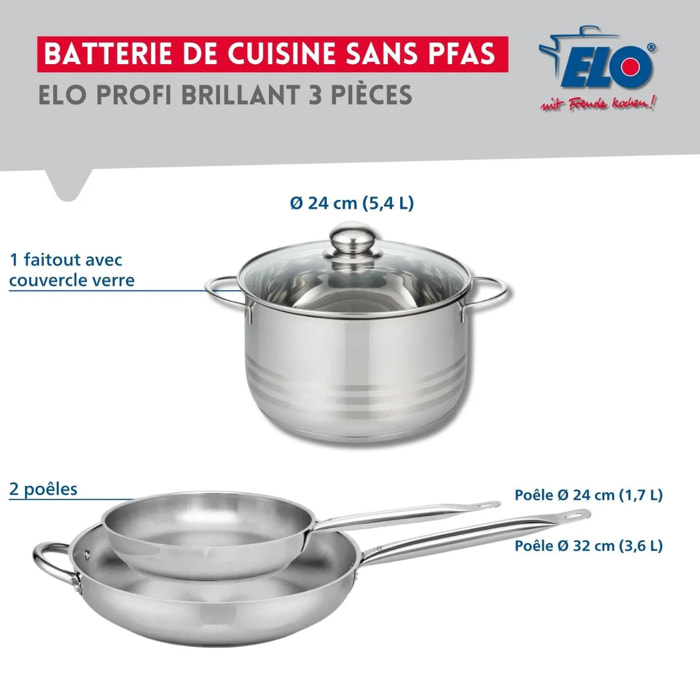 Ensemble de 2 Poêles de cuisson 24 et 32 cm et 1 faitout 24 cm Elo Profi Brillant