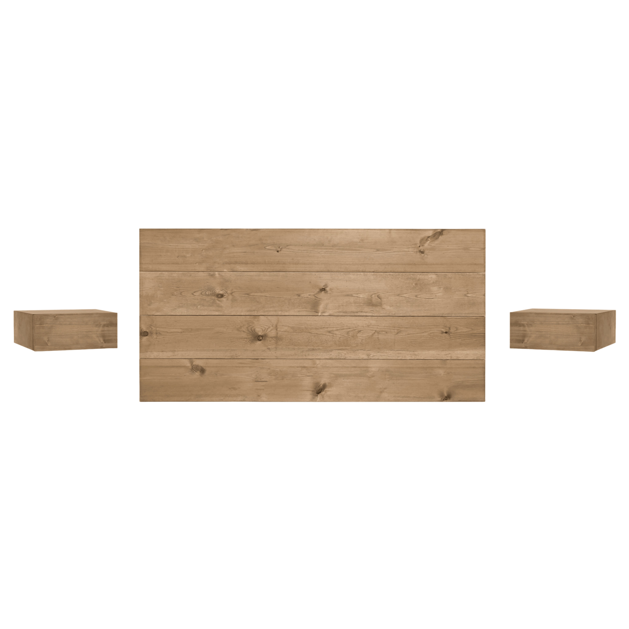 Pack tête de lit et tables flottantes en bois massif ton chêne foncé en différentes tailles