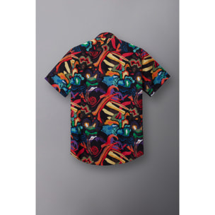 Camicia Uomo 1 Bottone Italiano Popeline Stampato Nero e Arancione