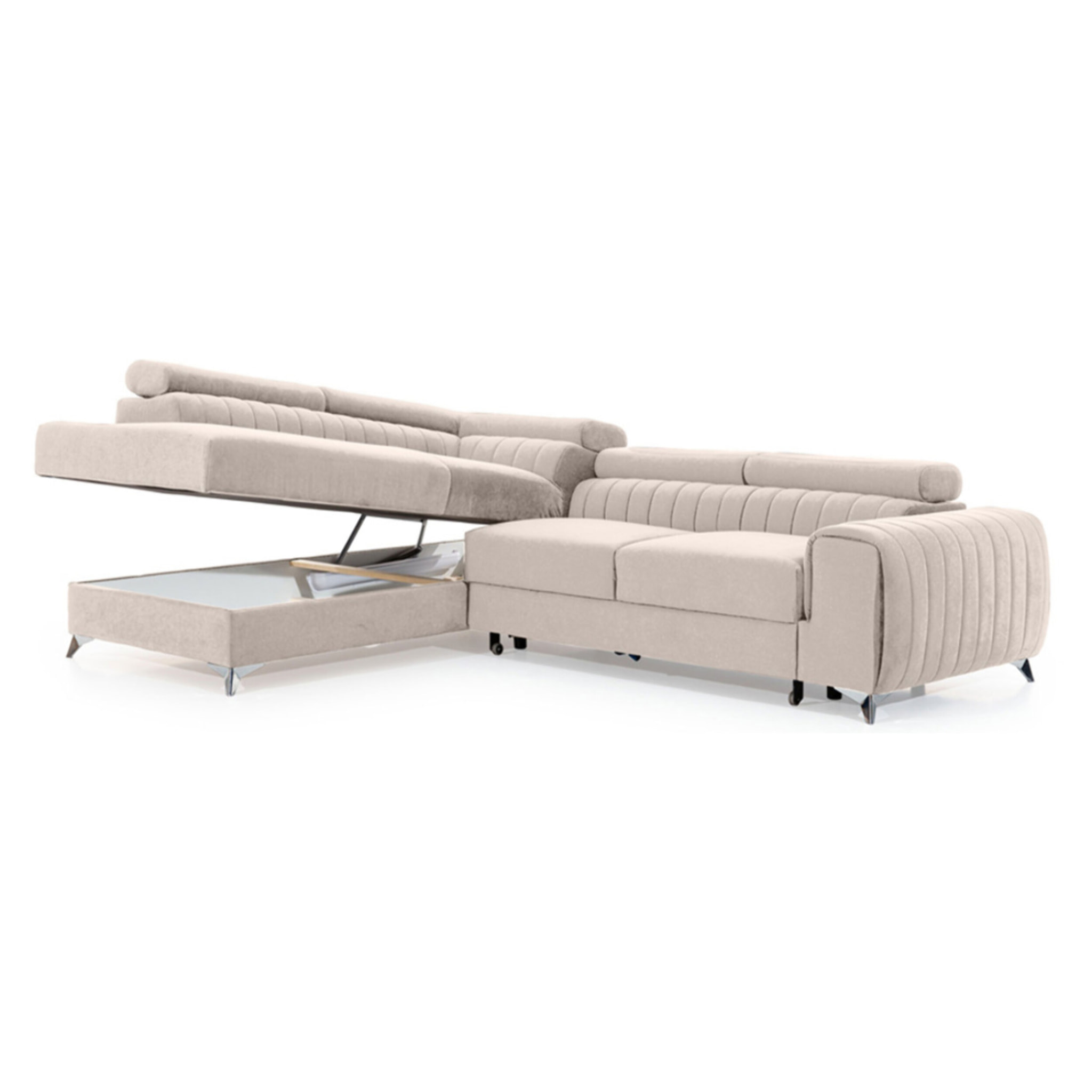 Talisay - canapé d'angle gauche - 5 places - convertible avec coffre - en velours - Beige