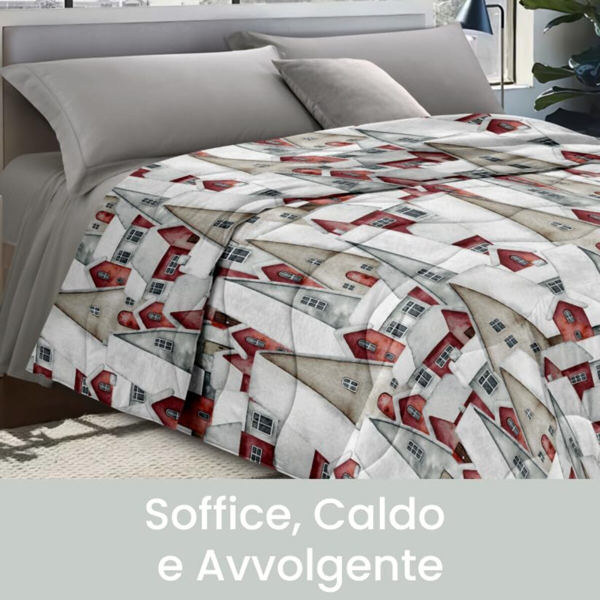INTRECCI Piumino Matrimoniale, 260 x 260 cm, Piumino Ecologico, Caldo, Invernale, 300 g/m², Anallergico e Antiacaro, Made in Italy, Lavabile in Lavatrice, Soffice, Morbido. Fantasia: Casette