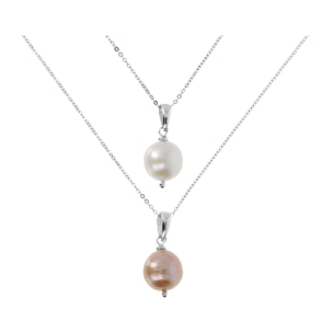PERLAVIVA - Set di Due Collane in Argento 925 placcato Oro Bianco 18kt con Perla Ming Bianca e Rosa d'Acqua Dolce Ø12/13 mm