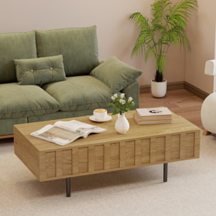 Table basse relevable avec 2 rangements cachés et côtés cannelés, 110 × 55 × 36,5 cm, effet chêne
