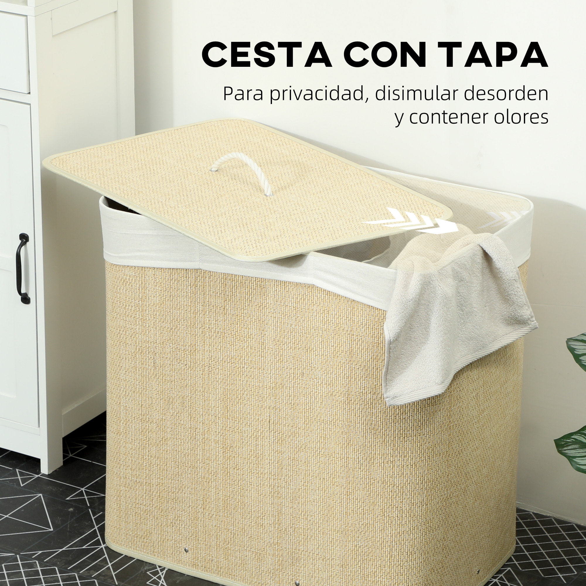 Cesto de Ropa Sucia con Tapa, 144L, Cesta Ropa Sucia de Bambú con 3 Compartimentos, Bolsa Interior Extraíble y Lavable, Asas, para Lavandería, Dormitorio, 60x40x60 cm, Crema