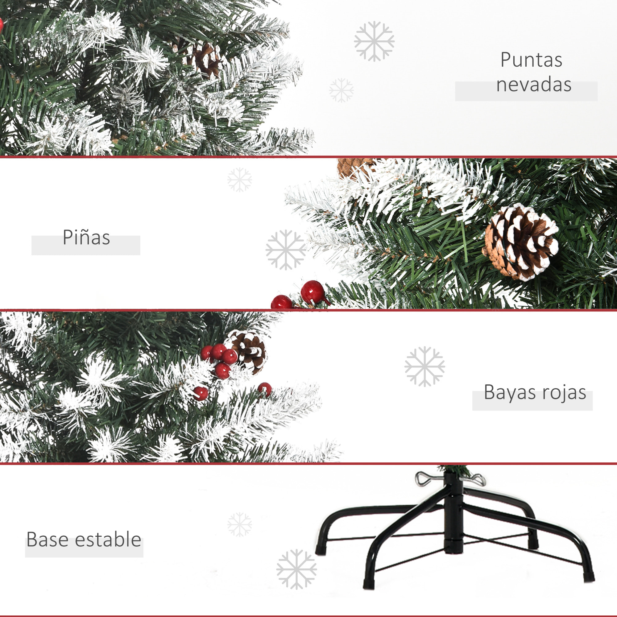 HOMCOM Árbol de Navidad Artificial Plegable 150 cm con Nieve Ignífugo con 408 Ramas 28 Bayas 24 Piñas Hojas de PVC Apertura Automática y Soporte Metálico Decoración Navideña para Interior Verde