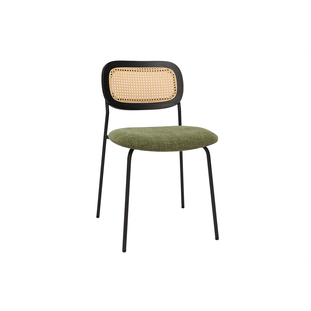Chaises design en tissu effet velours texturé vert kaki, métal noir et cannage rotin (lot de 2) MIRANDA