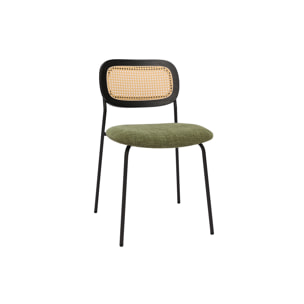 Chaises design en tissu effet velours texturé vert kaki, métal noir et cannage rotin (lot de 2) MIRANDA