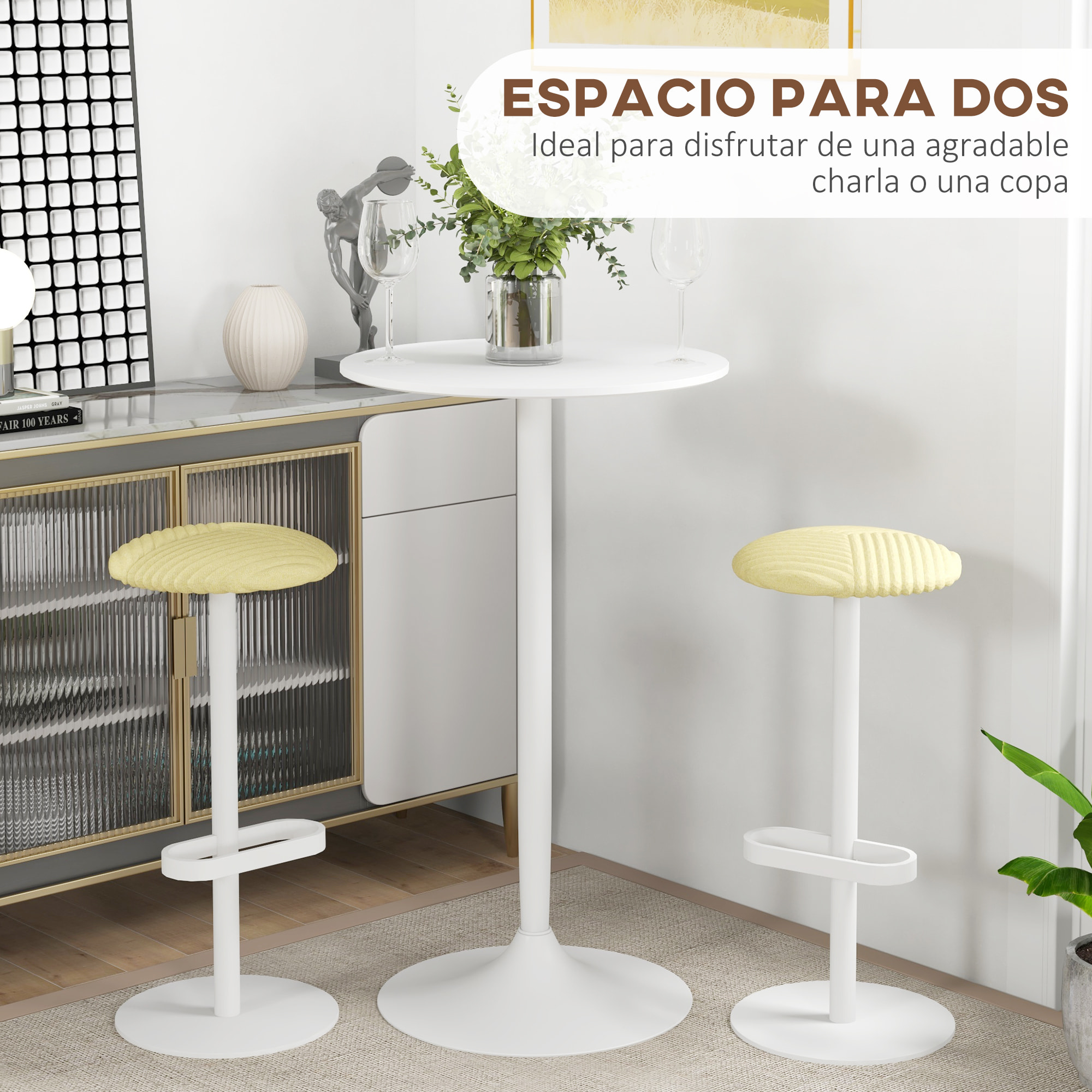 Mesa de Bar Redonda Mesa Alta de Cocina Moderna con Encimera Laminada y Marco de Acero para 2 Personas para Casa Comedor Ø60x102 cm Blanco