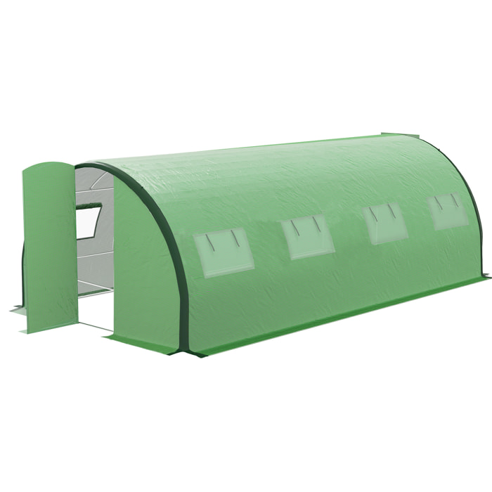 Serre de jardin tunnel 18 m² 8 fenêtres 2 portes articulées acier galvanisé PE haute densité vert