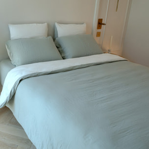 Lot 2 taies d'oreiller réversible gaze de coton vert sauge/écru - NOE