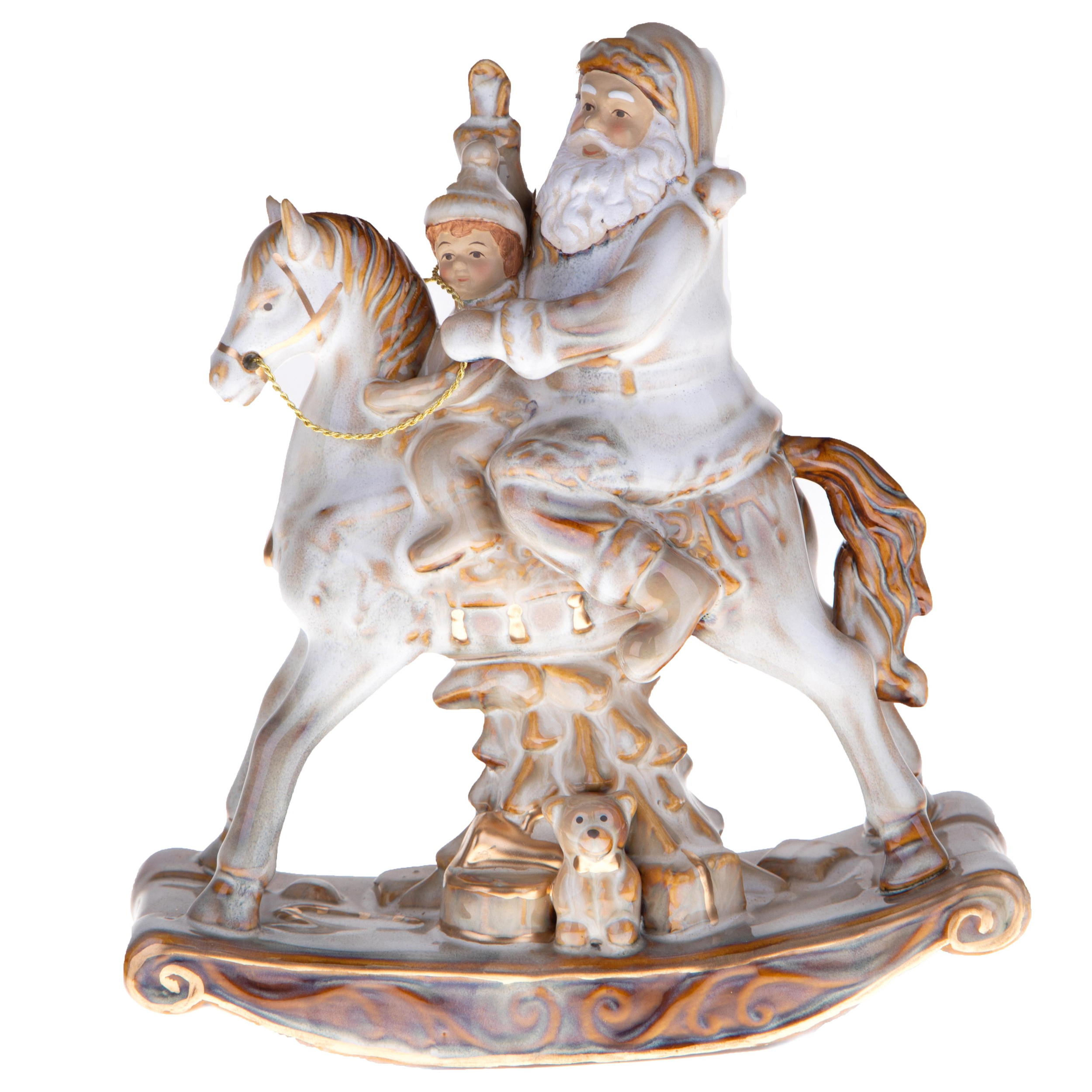 Babbo Natale Di Porcellana Su Cavallo. Altezza 25 Cm - Pezzi 1 - 22X25X9cm - Colore: Dorato - Bianchi Dino - Articoli Natalizi