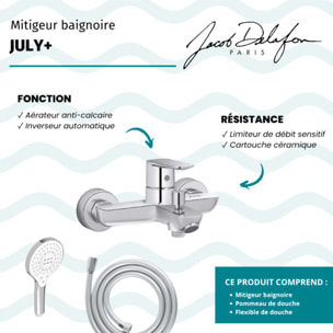Mitigeur baignoire July+ + pommeau de douche Metro signature + flexible de douche lisse