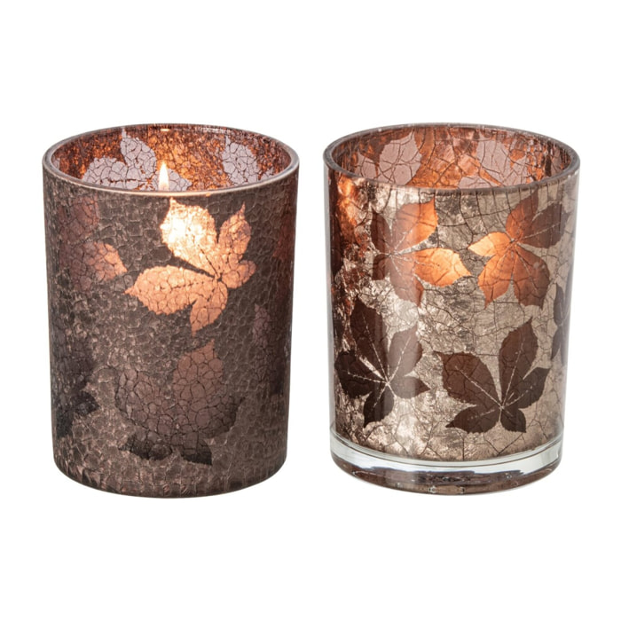 J-Line photophore feuilles craquelé - verre - marron foncé/beige - medium - assortiment de 2