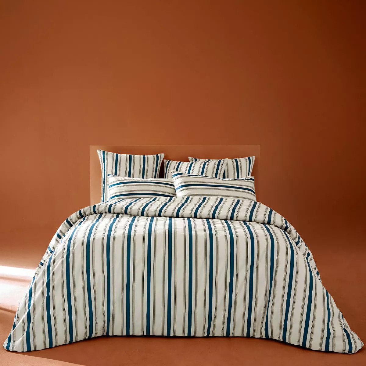 Lot h.couette +taies satin de coton imprimé beige marine Etretat marine