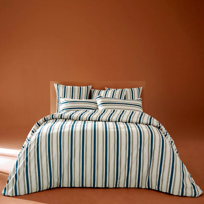 Lot h.couette +taies satin de coton imprimé beige marine Etretat marine