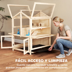 Jaula para Hámster de Madera de 3 Niveles, Casa para Hámster con Bebederos, Casetas, Balancines, Rampas, Bandeja Extraíble y Tapas Abatibles, 68x61,5x90 cm, Natural