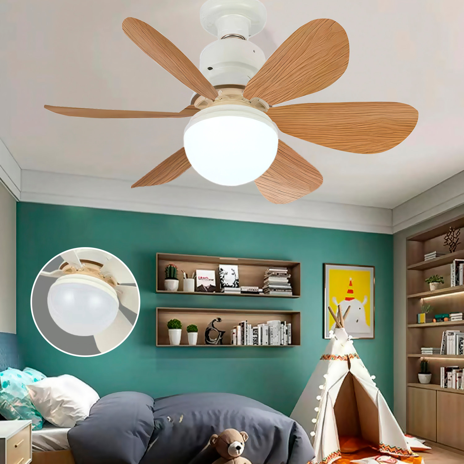 Ventilador de techo FS-HX-R520-B de 52 cm. Adaptador E27, 3 velocidades y luz LED regulable de 18 W. Incluye mando a distancia.