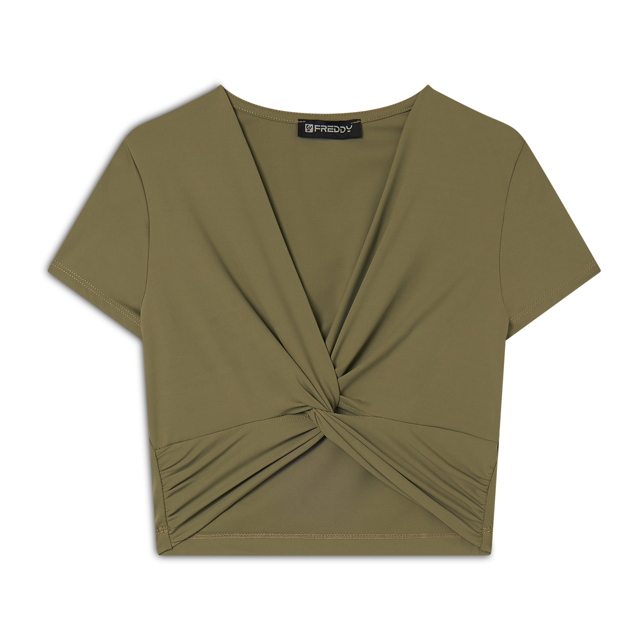 T-shirt cropped con effetto raccolto