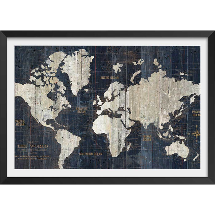 Affiche carte du monde voies navigables Affiche sous cadre noir