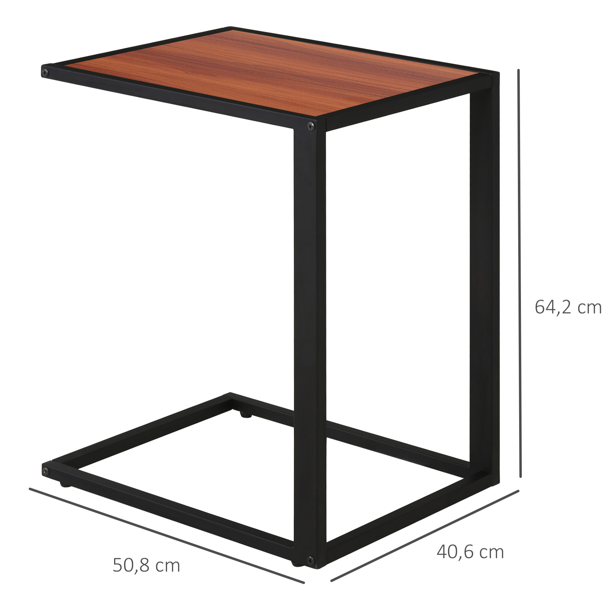 Mesa Auxiliar en Forma de C para Sofá de Metal y Madera Nogal