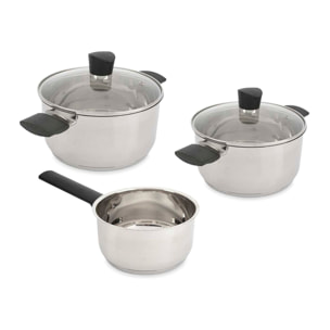 Set da cucina in acciaio con 5 pezzi. 2 pentole, 2 coperchi e 1 mestolo.