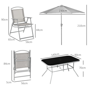 Ensemble salon de jardin 6 places 8 pièces - parasol, table, 6 chaises pliantes - métal époxy textilène polyester gris