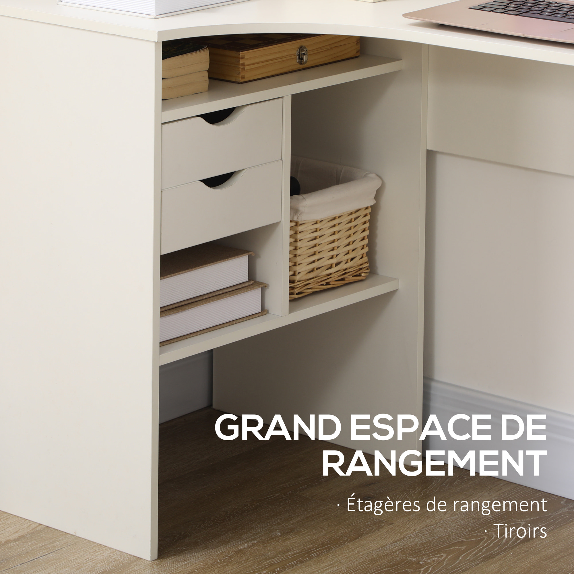Bureau d'angle bureau informatique multimédia multi-rangement métal panneaux particules blanc