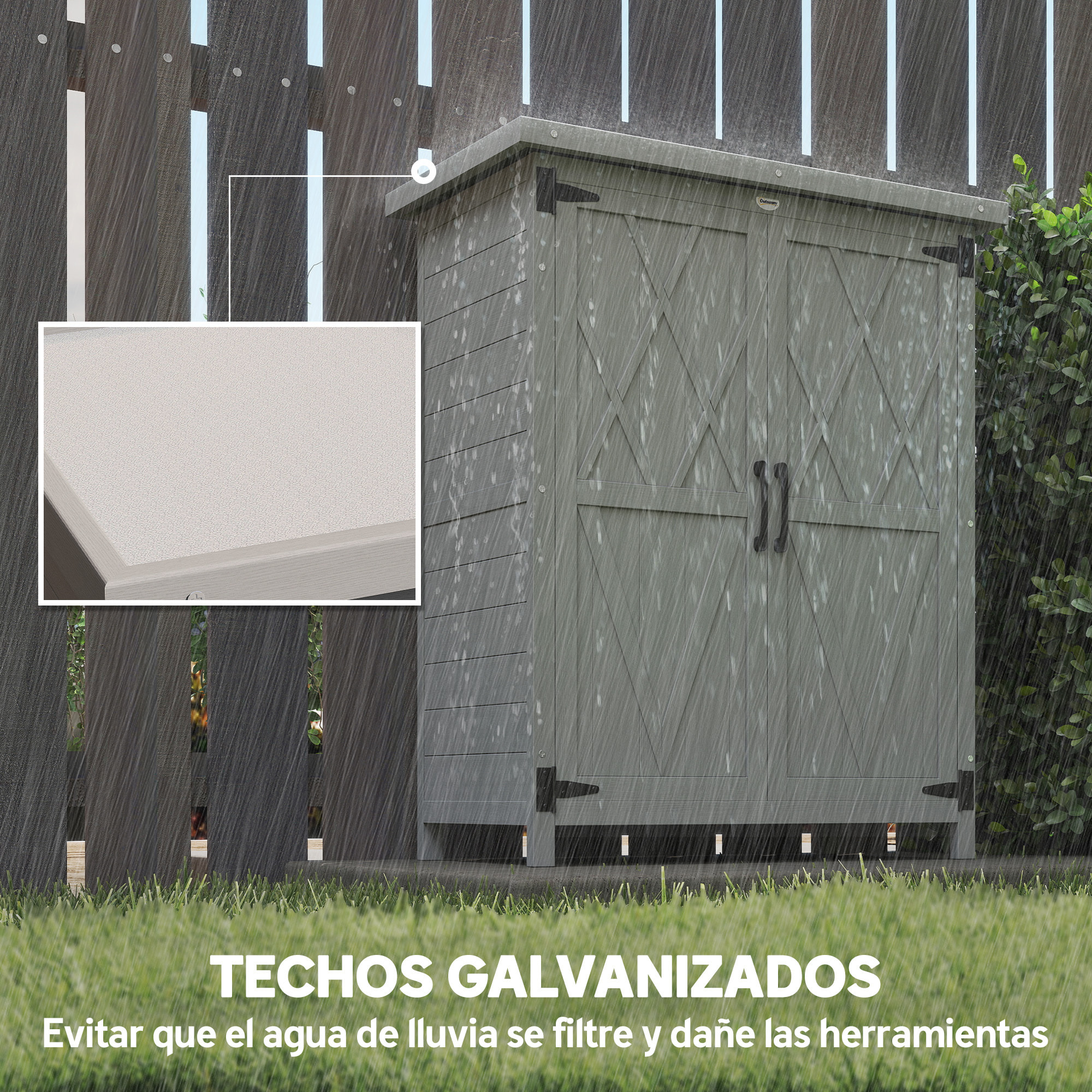 Caseta de Jardín de Madera, 75x40x90 cm, Cobertizo Jardín Exterior, Armario para Almacenaje de Herramientas, con 4 Estantes, 2 Puertas y Techo de Acero Galvanizado, Gris