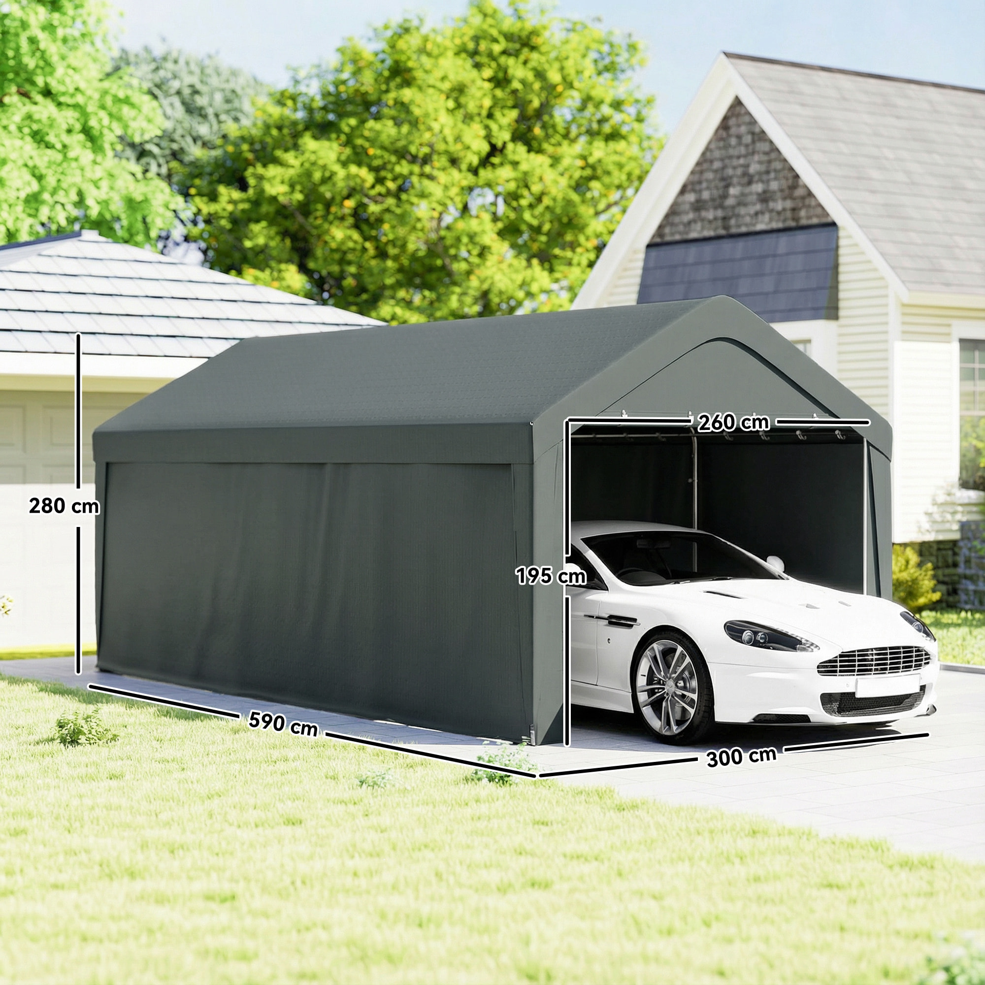Carpa Garaje Portátil 3x6 m, Garaje Exterior para Coche Impermeable con Paredes Laterales Desmontables, Anti-UV, 2 Puertas Enrollables, Cobertizo para Herramientas de Jardín, Gris Oscuro