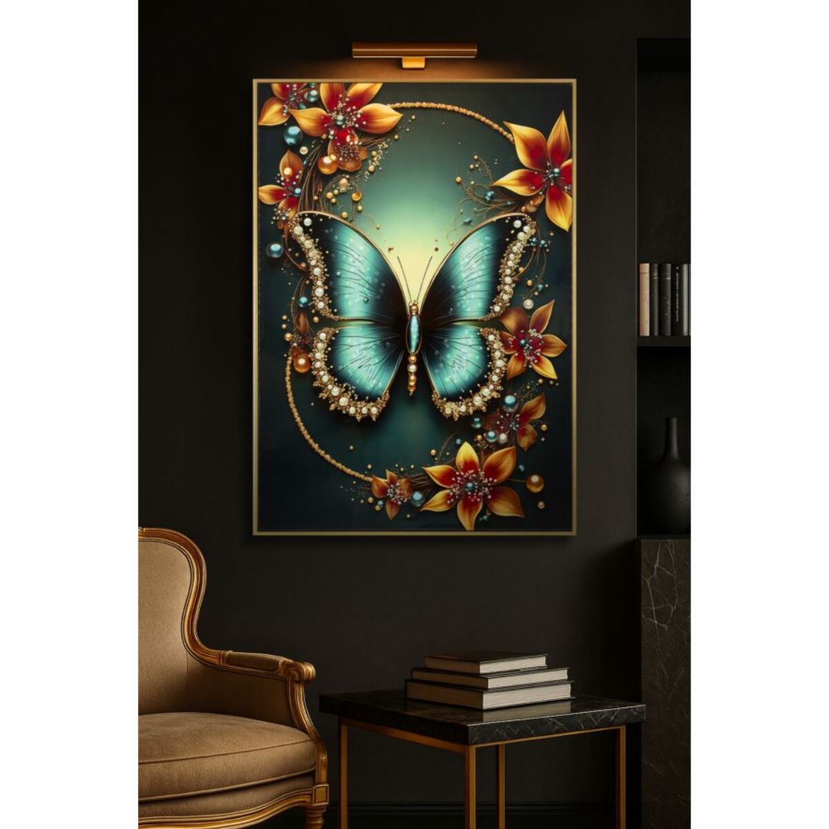 STAMPA DECORATA SU TELA LACCATA C/CORNICE BUTTERLY -A- CM 70X4X100