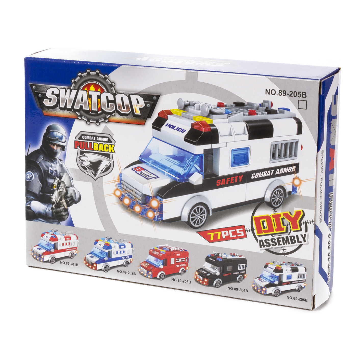 Furgone di polizia SWAT con luci ed effetti sonori. Da costruire, 77 pezzi. Funzionamento ad inerzia inversa.