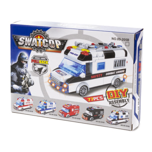 Furgone di polizia SWAT con luci ed effetti sonori. Da costruire, 77 pezzi. Funzionamento ad inerzia inversa.