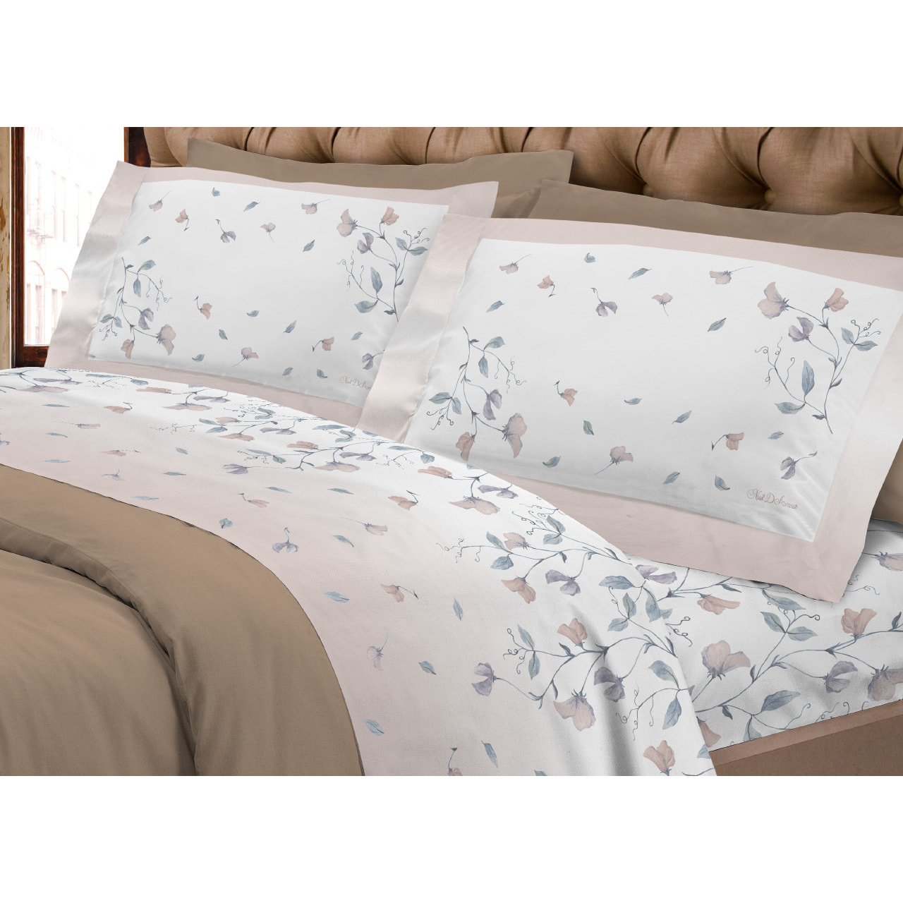Completo Lenzuola In Calda Flanella Made In Italy Linea Europa Peaflower Beige