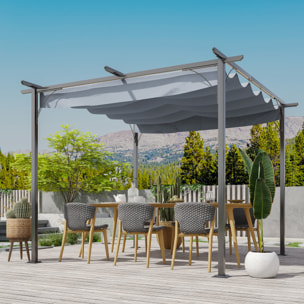 Pergola rétractable 3L x 3l x 2,30H m structure métal époxy anticorrosion noire + toile polyester haute densité 180 g/m² incluse gris