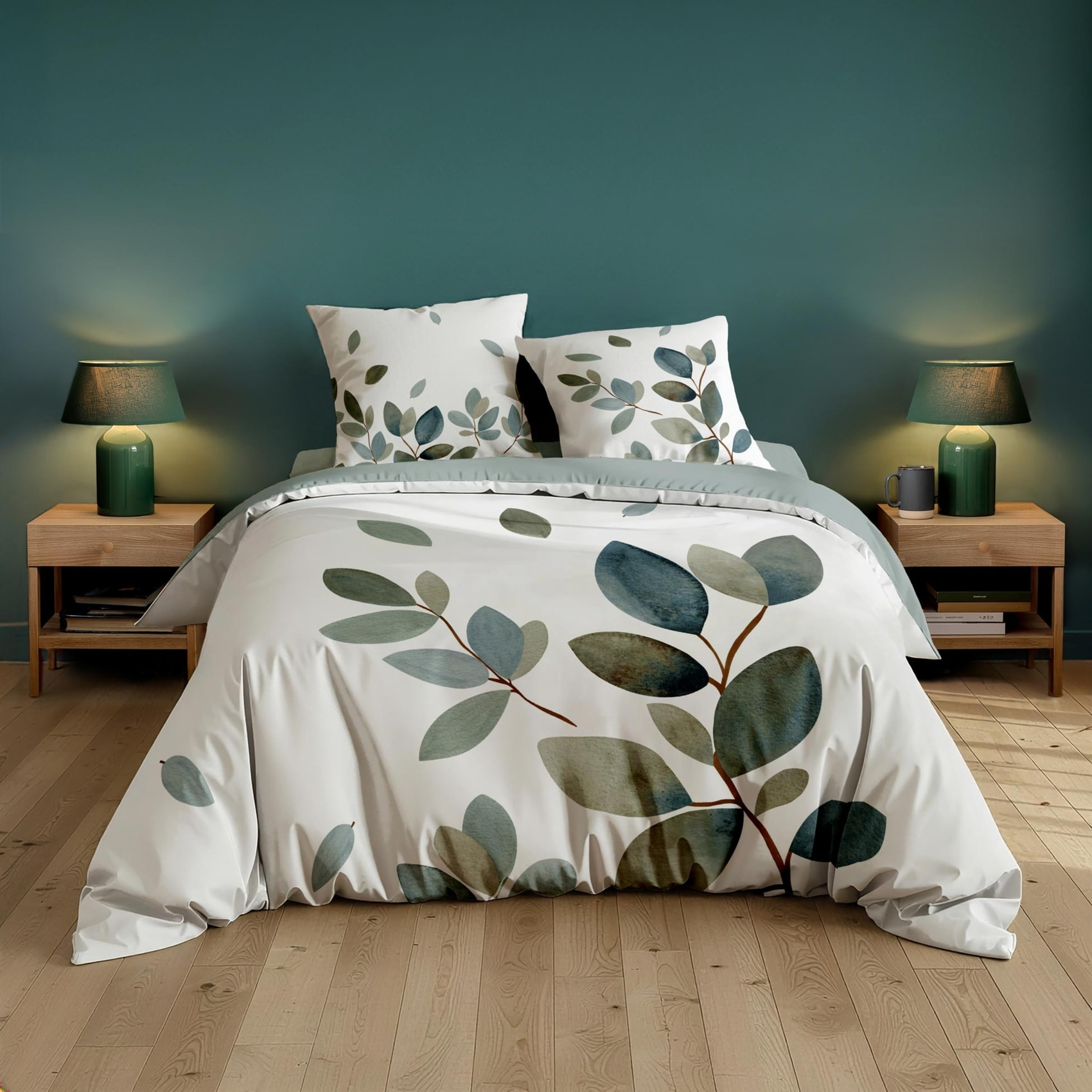 Parure de lit 3 pièces 100 % coton imprimé à motif végétal housse + taies - Bleu