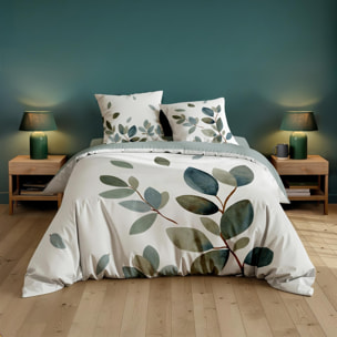 Parure de lit 3 pièces 100 % coton imprimé à motif végétal housse + taies - Bleu