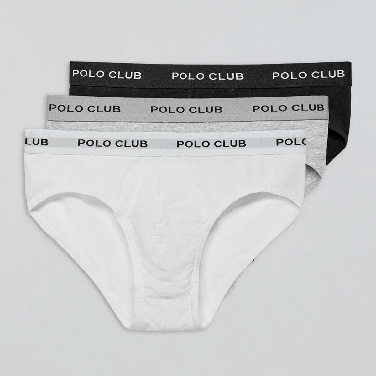 Pack di tre slip nero, grigio e bianco con particolare Polo Club