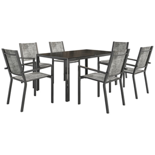 Ensemble salon de jardin 6 places 7 pièces - chaises empilables, plateau à lattes effet bois acier textilène noir chiné