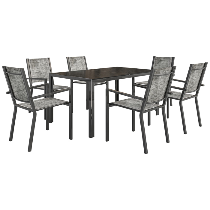 Ensemble salon de jardin 6 places 7 pièces - chaises empilables, plateau à lattes effet bois acier textilène noir chiné