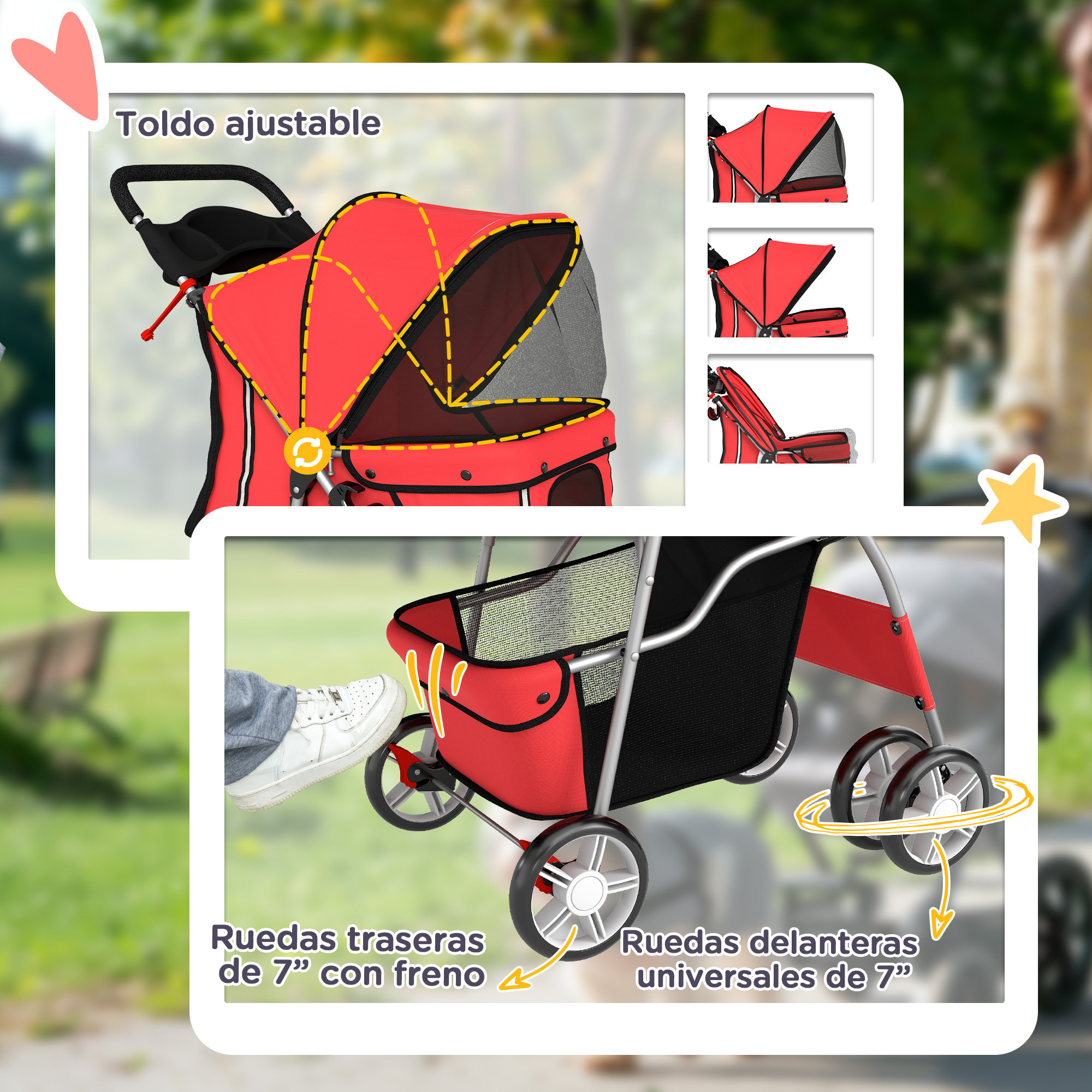 Carrito para Perros Plegable, Cochecito para Perros Pequeños con Cesta de Almacenaje, Ventanas de Malla, Portavasos, Ruedas de EVA, Cojín Lavable, Frenos, Carga 10 kg, 77x44x102 cm, Rojo