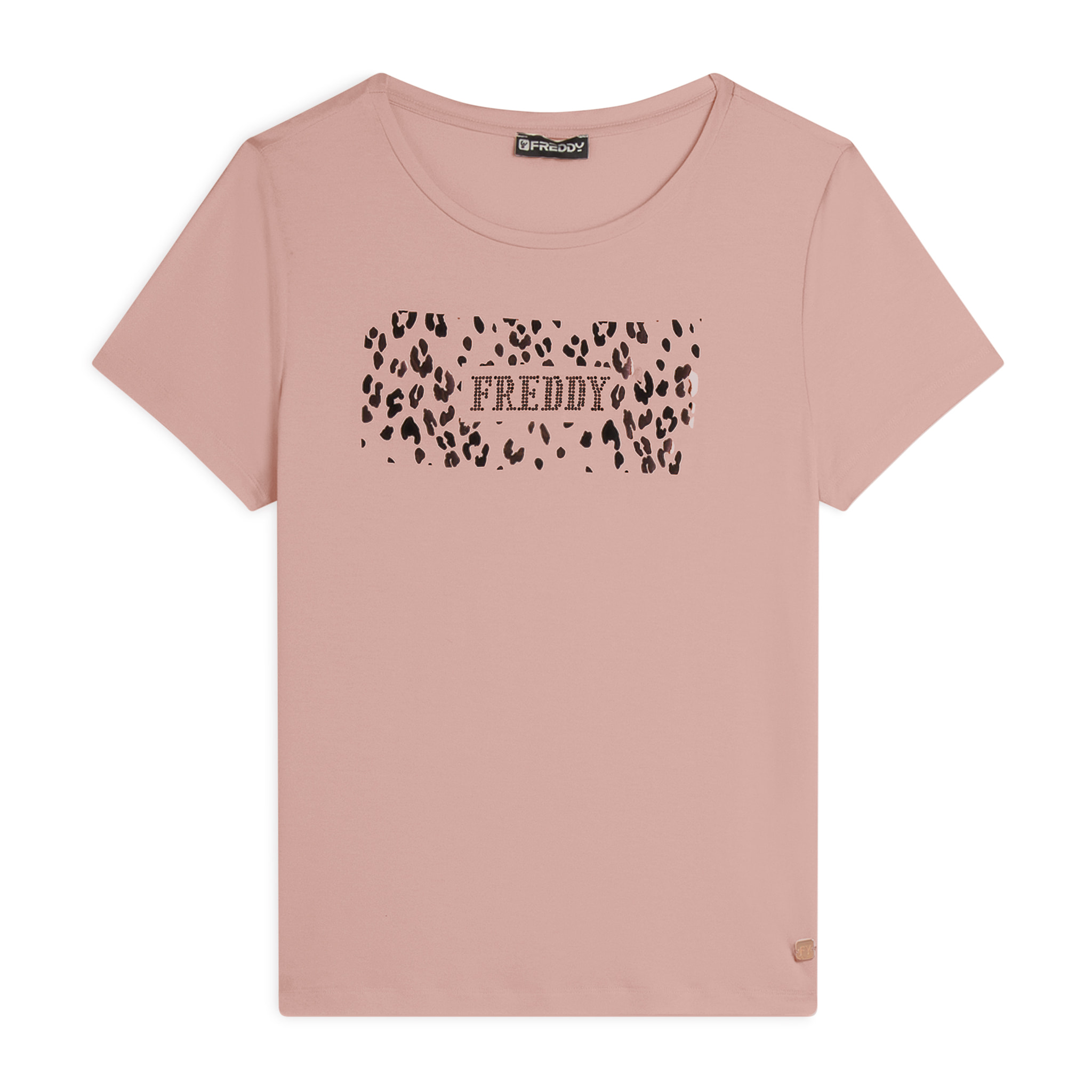 T-shirt donna in jersey di viscosa con stampa oro rosa
